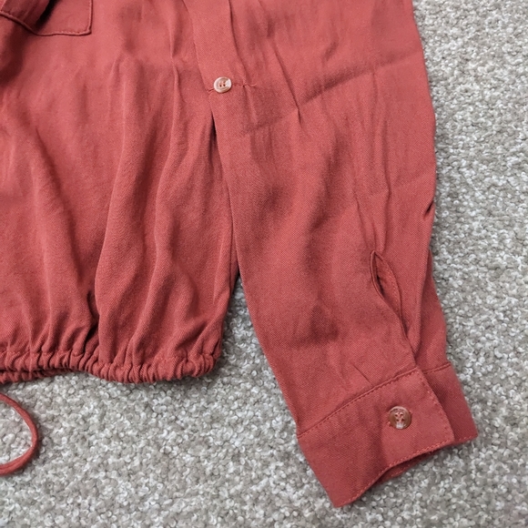 (2/$25) No Boundaries coral full sleeve button down shirt ruched waist tie - Picture 7 of 14